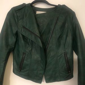 Green cropped leather moto jacket